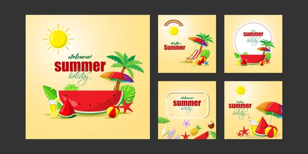 Vector Illustration Hello Summer Social Media Story Feed Set Mockup — Stock Vector