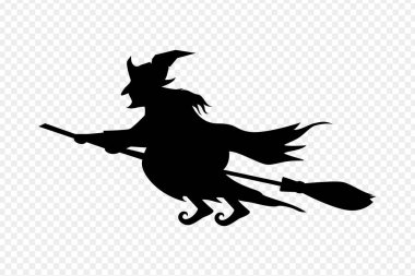 Şeffaf arkaplanda uçan süpürge üzerindeki cadının vektör illüstrasyonu