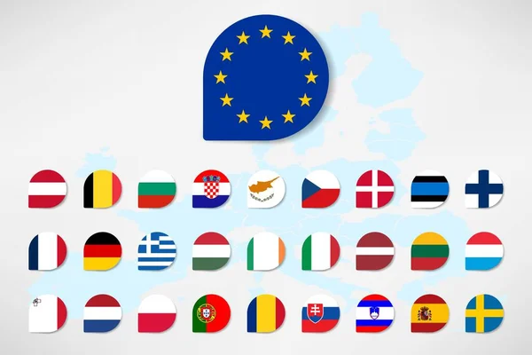 Todas Las Banderas Europa Rectángulo Redondo Botones Planos Aislados Blanco —  Fotos de Stock