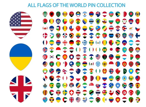 Všechny Národní Vlajky Světa Jmény Pin Tvar Stínovou Vlajkou Izolované — Stock fotografie