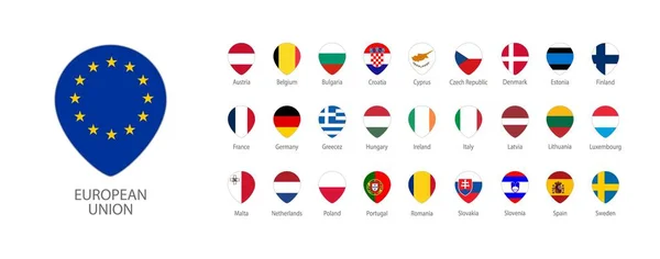 Wszystkie Flagi Europy Przypinają Kształt Cieniem Przyciski Izolowane Białym — Zdjęcie stockowe