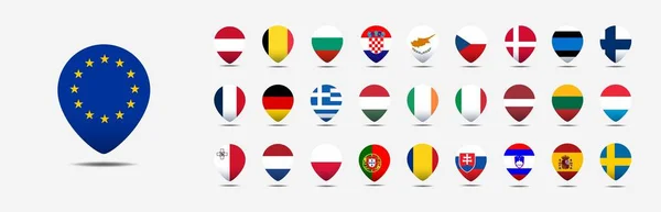 All Europe Flags Pin Shape Shadow Buttons Isolated White — Stock Photo, Image