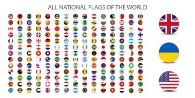 Dünyanın tüm ulusal bayrakları. Beyaz arkaplanda izole edilmiş gölge bayrağı ile yuvarlak şekil