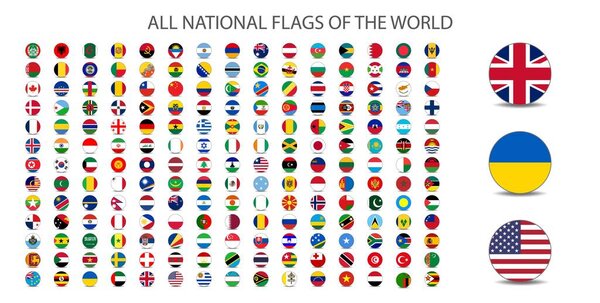 Все национальные флаги мира. круглая форма с теневым флагом на белом фоне