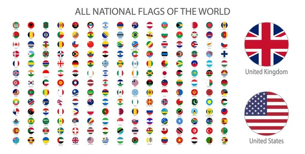 Všechny Národní Vlajky Světa Jmény Kulatý Tvar Stínovou Vlajkou Izolovanou — Stock fotografie