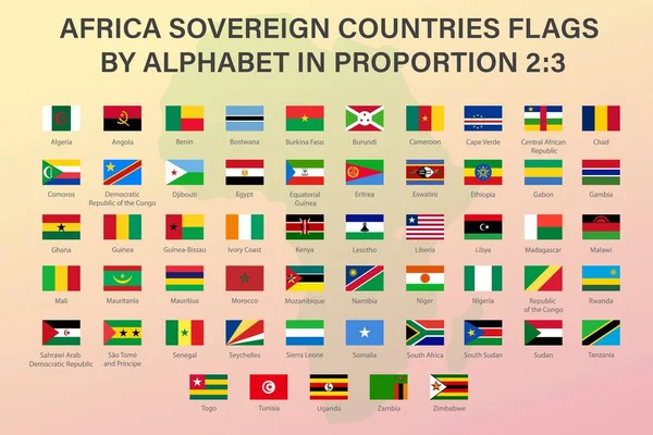 Set of flags of Africa countries in proportion 2:3 with names