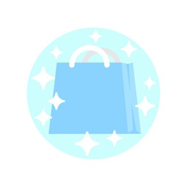 Beyaz arka planda kıvılcımlar olan mavi alışveriş çantası. Düz tasarım çizimi. Vektör grafikleri