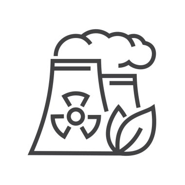 Nükleer enerji santrali, nükleer enerji işareti ve yaprakları var. Ekoloji ikonları. Düzenlenebilir vuruş.