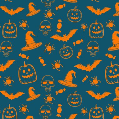 Cadılar Bayramı turuncu-mavi renksiz desen. Balkabakları, kafatasları, yarasalar, örümcekler, hayaletler, kemikler, şekerler, örümcek ağı