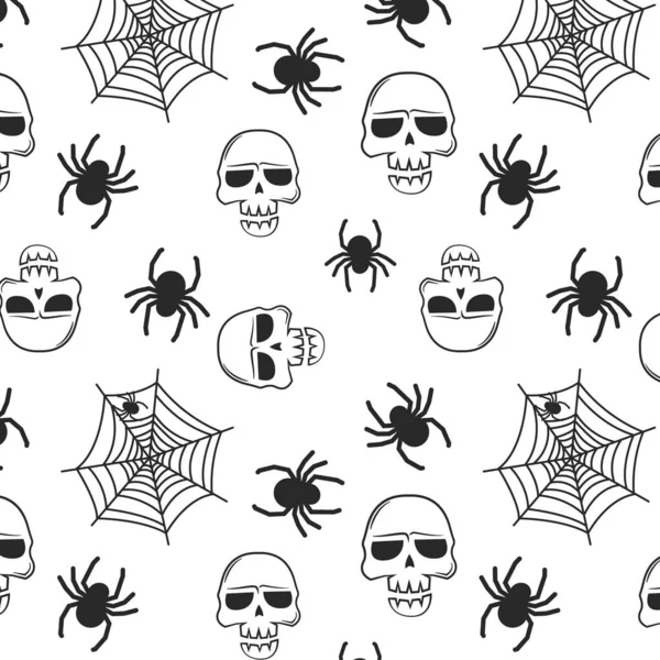 Halloween Ünnepi Zökkenőmentes Minta Végtelen Háttér Sütőtök Koponyák Denevérek Pókok — Stock Vector