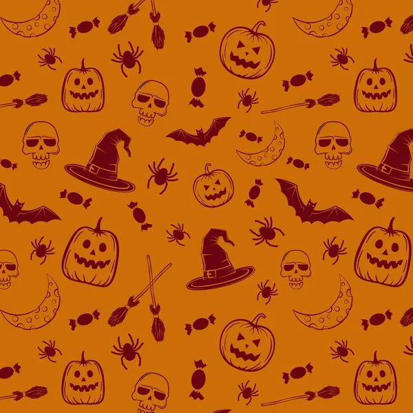 Halloween Orange Festligt Sömlöst Mönster Ändlös Bakgrund Med Pumpor Skallar — Stock vektor