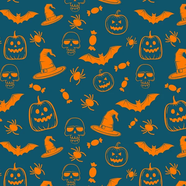 Halloween Orange Blå Festligt Sömlöst Mönster Ändlös Bakgrund Med Pumpor — Stock vektor