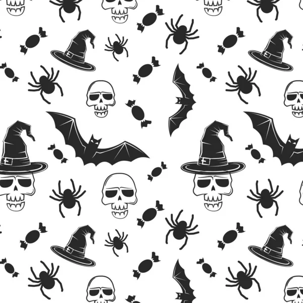 Halloween Ünnepi Zökkenőmentes Minta Végtelen Háttér Sütőtök Koponyák Denevérek Pókok — Stock Vector