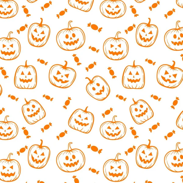 Halloween Orange Festligt Sömlöst Mönster Ändlös Bakgrund Med Pumpor Godis — Stock vektor