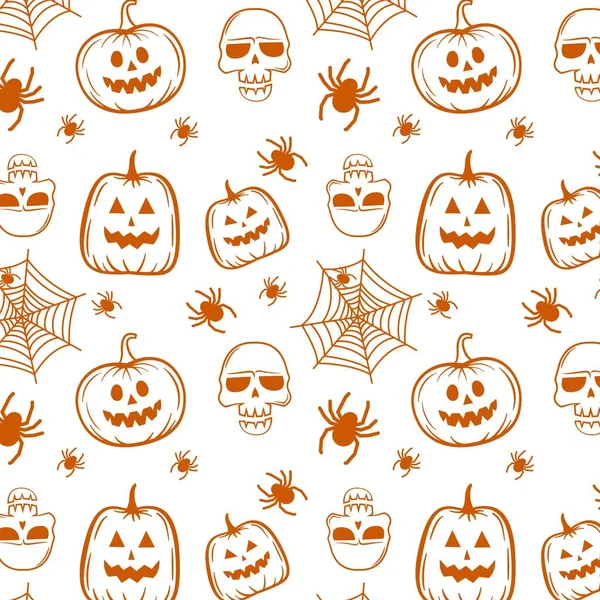 Halloween Narancssárga Ünnepi Zökkenőmentes Minta Végtelen Háttér Sütőtök Koponyák Denevérek — Stock Vector