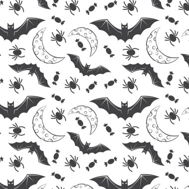 Kafatası, yarasa, balkabağı, cadı şapkası, süpürge, şeker ve örümceklerle kusursuz cadılar bayramı deseni. siyah ve beyaz