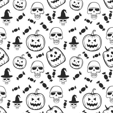 Kafatası, yarasa, balkabağı, cadı şapkası, süpürge, şeker ve örümceklerle kusursuz cadılar bayramı deseni. siyah ve beyaz