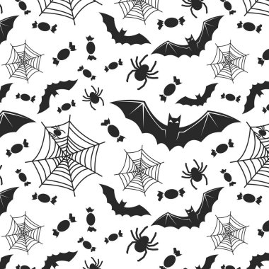 Kafatası, yarasa, balkabağı, cadı şapkası, süpürge, şeker ve örümceklerle kusursuz cadılar bayramı deseni. siyah ve beyaz