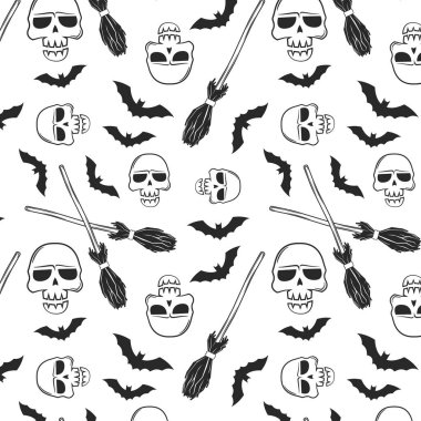 Kafatası, yarasa, balkabağı, cadı şapkası, süpürge, şeker ve örümceklerle kusursuz cadılar bayramı deseni. siyah ve beyaz