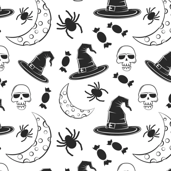 Sömlös Halloween Mönster Med Skallar Bat Pumpa Häxa Hatt Kvast — Stock vektor