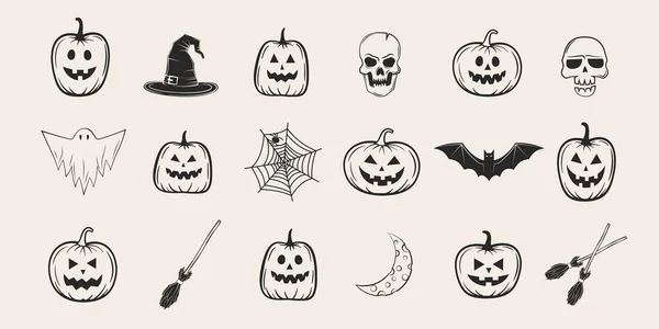 Seamless Halloween Pattern Skulls Bat Pumpkin Witch Hat Broom Candies — Stock Vector