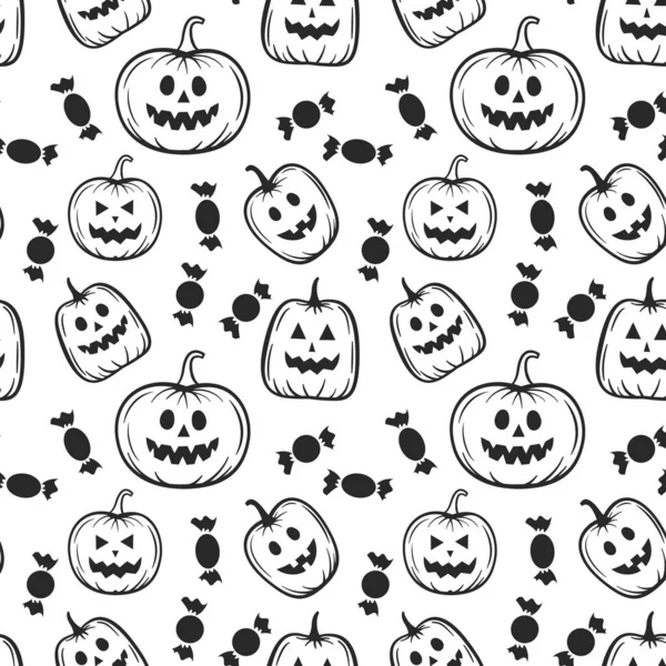 Seamless Halloween Pattern Skulls Bat Pumpkin Witch Hat Broom Candies — Stock Vector