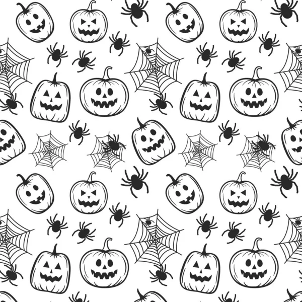 Bezešvé Halloween Vzor Lebkami Netopýr Dýně Čarodějnický Klobouk Koště Bonbóny — Stockový vektor
