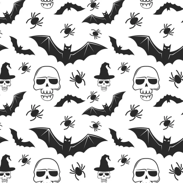 Sömlös Halloween Mönster Med Skallar Bat Pumpa Häxa Hatt Kvast — Stock vektor