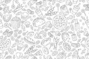 Hamburger, pizza, sosisli ve çizburgerin vektör çizgisi simgeleriyle kusursuz fast food kalıpları. Restoran menüsü geçmişi, lezzetli ve sağlıksız yemekler.