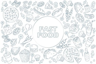 Fast food çizgisi simgeleri beyaza karalama yapıyor. menü ya da yemek paketi tasarımı. Vektör çizimi. Düzenlenebilir vuruş