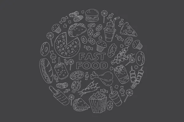 Set Fast Food Line Icons Doodles Black Menu Food Package — Stock Vector