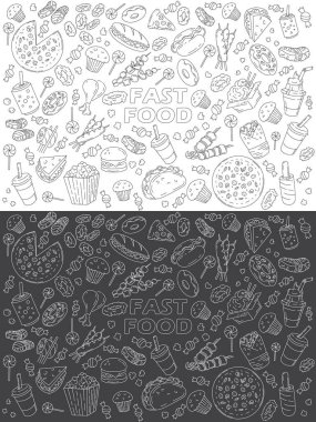 Fast food çizgisi simgeleri beyaz ve siyaha karalama yapıyor. menü ya da yemek paketi tasarımı. Vektör çizimi. Düzenlenebilir vuruş