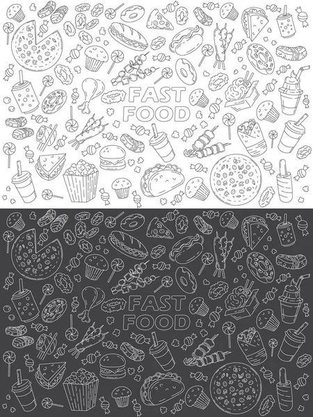 Conjunto Ícones Linha Fast Food Doodles Branco Preto Menu Design — Vetor de Stock