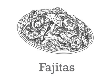 Tabakta fajitalar, el çizimi taslak tarzı. Geleneksel Meksika yemekleri.