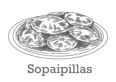 Tabakta sopaipillas, el çizimi taslak tarzı. Geleneksel Meksika yemekleri.