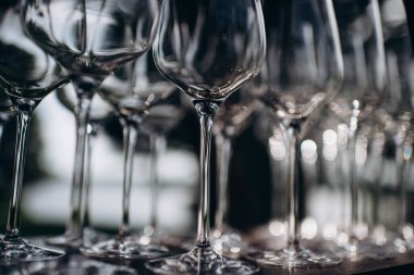 many empty clean shiny elegant glasses for alcohol