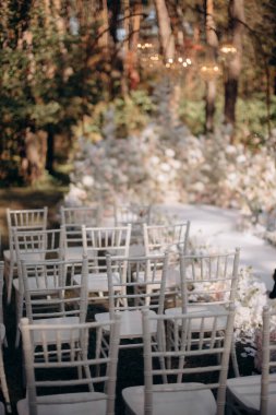 wedding ceremony arch with empty chairs and flowers. beautiful romantic decoration