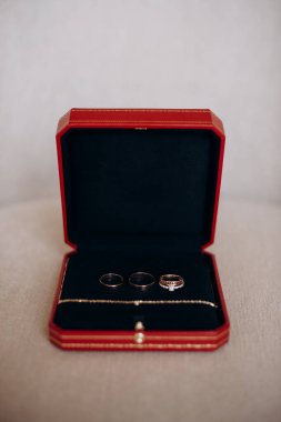 Nişan yüzükleriyle birlikte yakın plan kırmızı bir kutuda duruyor.