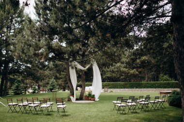 Ağaçta kumaş ve kilden saksılarda yaşayan yeşil bitkilerle son moda düğün dekoru. Tahta sandalyeli yeşil çimenlikte doğal düğün dekoru.