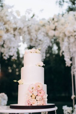 Pembe ve beyaz çiçekli üç katlı beyaz düğün pastası
