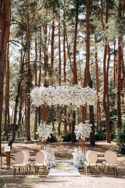 Bir çam ormanında gösterişli bir düğün, beyaz ayaklı zarif beyaz sandalyeler, beyaz çiçeklerle süslenmiş uzun bir kemer ve el değmemiş beyaz bir koridor.