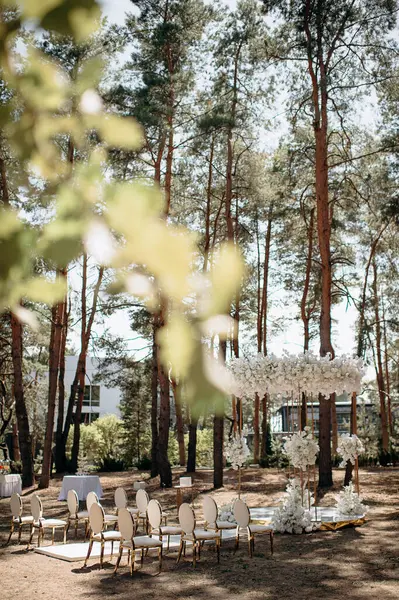Bir çam ormanında gösterişli bir düğün, beyaz ayaklı zarif beyaz sandalyeler, beyaz çiçeklerle süslenmiş uzun bir kemer ve el değmemiş beyaz bir koridor.