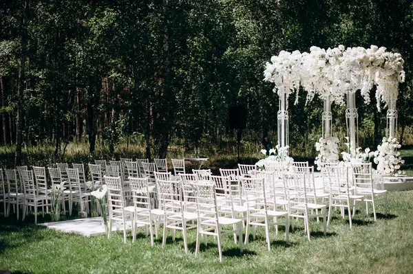Beyaz narin sandalyeler, el değmemiş beyaz bir koridor ve bol miktarda beyaz çiçeklerle süslenmiş bir kemer içeren bir huş ağacının koruluğunda yapılan büyüleyici bir düğün töreni.