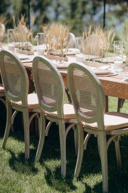 Örülmüş sırtı olan ahşap sandalyeler açık havada yeşil bir çimenlikte otlarla süslenmiş kırsal bir masa hizasında.