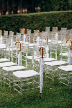 Beyaz yastıklı ve beyaz şemsiyeli sıra sıra berrak sandalyeler açık hava etkinliğinde yeşil bir çimenlikte duruyor.