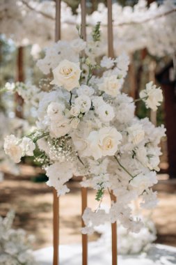 Şakayık ve güllerle süslenmiş zarif beyaz bir çiçeğe yakın plan.