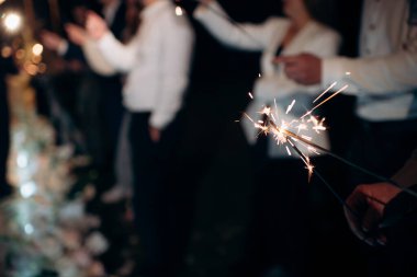 Geceleri yanan bir maytap tutan bir elin yakın çekimi.