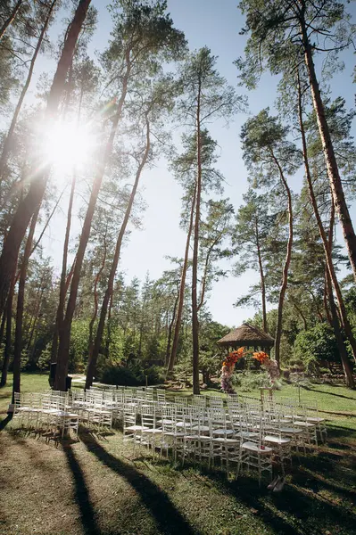 Yükselen çam ağaçları arasında bir düğün töreni düzenlenir. Terracotta çiçeği kemeri ve şeffaf sandalyelerle çevrenin ölçeğini gözler önüne serer.