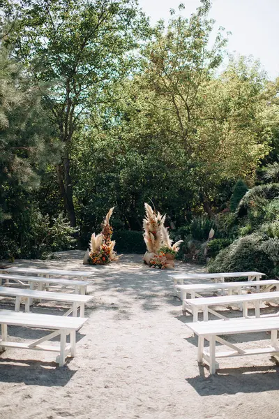 Bahçede büyüleyici bir çayır pampa otundan yapılmış büyük bir kemer ve zarif bir tören için beyaz bankların eşlik ettiği yumuşak sonbahar çiçekleri.