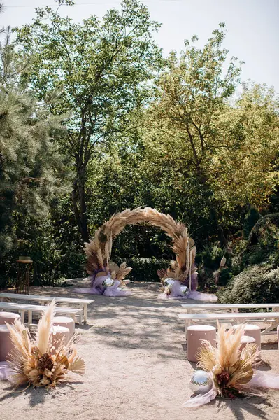 Açık hava düğün kemeri pampa otları ve çiçeklerle süslenmiş doğal ortamda